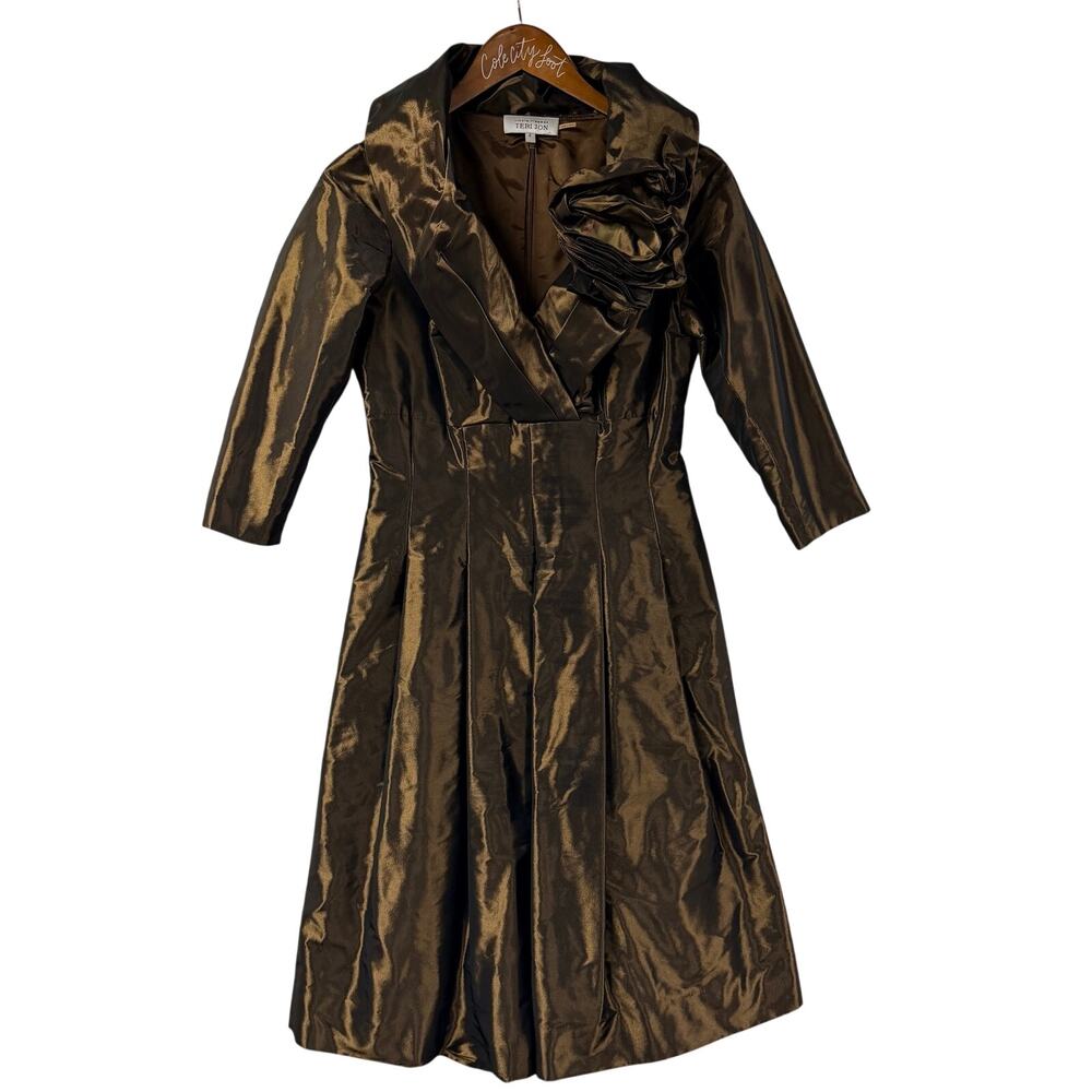 Rickie Freeman Teri Jon Dress Shiny Brown Metallic Tafeta Designer 4 Vintage